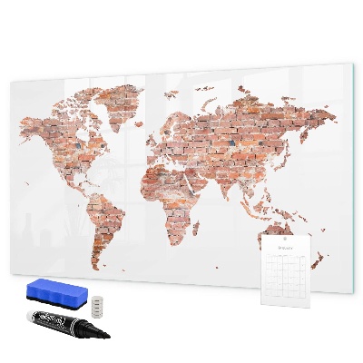 Decoratief glazen wandbord beschrijfbaar en magnetisch Wereldkaart met foto's en aantekeningen
