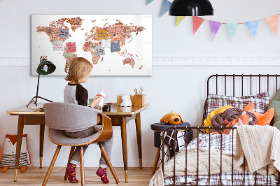 Decoratief glazen wandbord beschrijfbaar en magnetisch Wereldkaart met foto's en aantekeningen