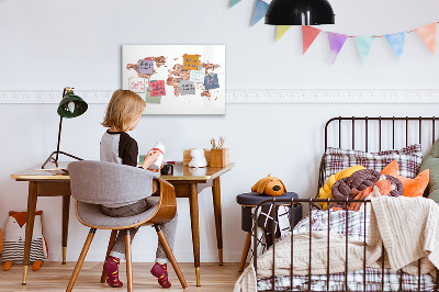 Decoratief glazen wandbord beschrijfbaar en magnetisch Wereldkaart met foto's en aantekeningen