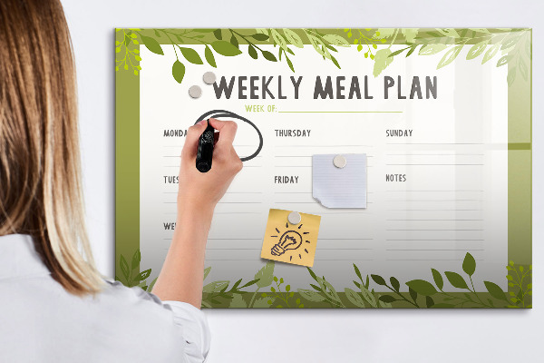 Memobord van glas met print inclusief neodymium magneten Maaltijdplan voor de week