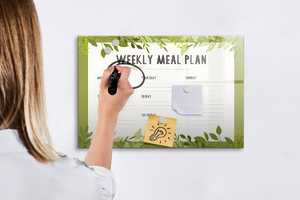 Memobord van glas met print inclusief neodymium magneten Maaltijdplan voor de week