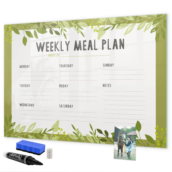 Memobord van glas met print inclusief neodymium magneten Maaltijdplan voor de week