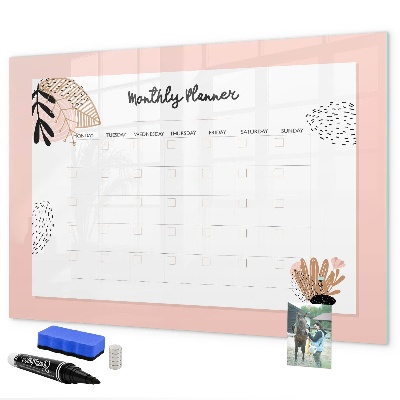 Decoratief glazen wandbord beschrijfbaar en magnetisch Maandplanner met ruimte voor foto's