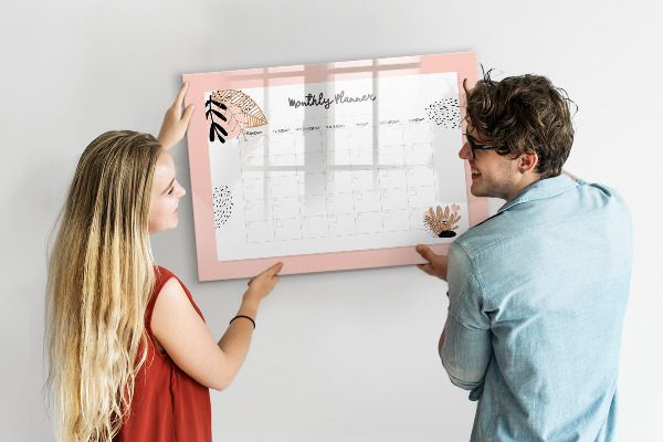 Decoratief glazen wandbord beschrijfbaar en magnetisch Maandplanner met ruimte voor foto's