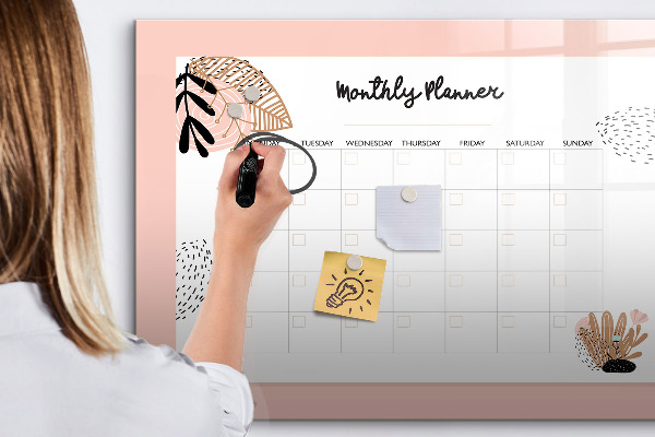 Decoratief glazen wandbord beschrijfbaar en magnetisch Maandplanner met ruimte voor foto's