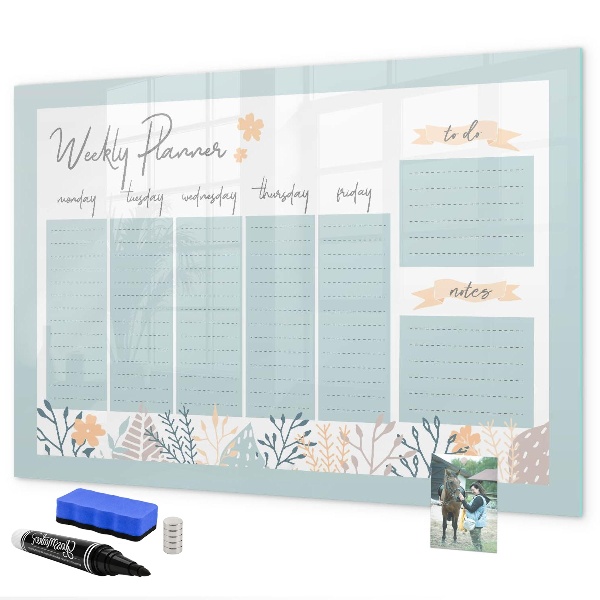 Decoratief glazen wandbord beschrijfbaar en magnetisch Weekplanner met ruimte voor foto's