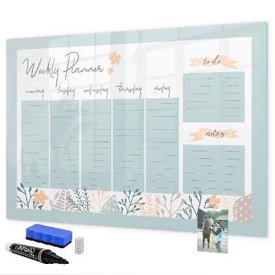 Decoratief glazen wandbord beschrijfbaar en magnetisch Weekplanner met ruimte voor foto's