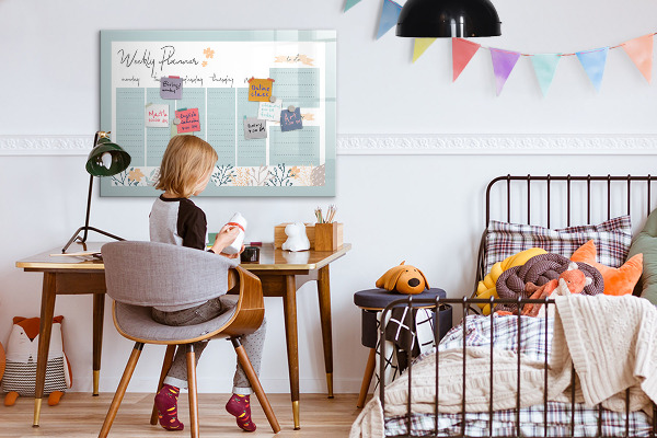 Decoratief glazen wandbord beschrijfbaar en magnetisch Weekplanner met ruimte voor foto's