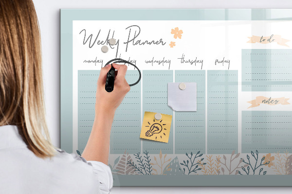 Decoratief glazen wandbord beschrijfbaar en magnetisch Weekplanner met ruimte voor foto's