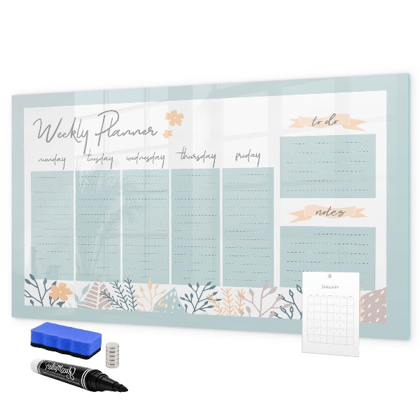 Decoratief glazen wandbord beschrijfbaar en magnetisch Weekplanner met ruimte voor foto's