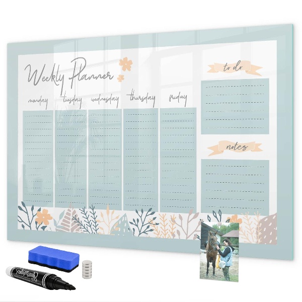 Decoratief glazen wandbord beschrijfbaar en magnetisch Weekplanner met ruimte voor foto's