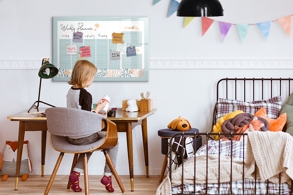 Decoratief glazen wandbord beschrijfbaar en magnetisch Weekplanner met ruimte voor foto's