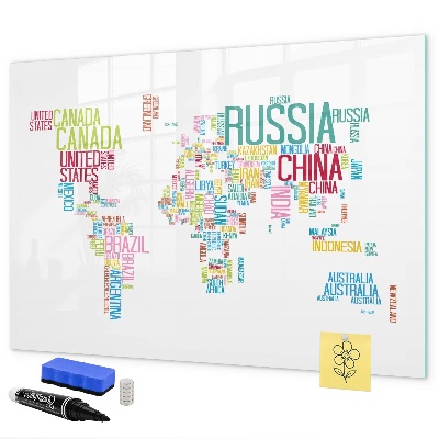 Decoratief glazen wandbord beschrijfbaar en magnetisch Een wereldkaart met persoonlijke herinneringen.
