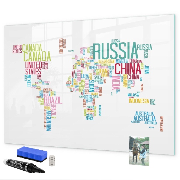 Decoratief glazen wandbord beschrijfbaar en magnetisch Een wereldkaart met persoonlijke herinneringen.