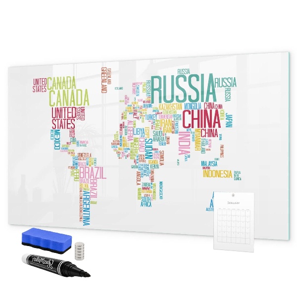 Decoratief glazen wandbord beschrijfbaar en magnetisch Een wereldkaart met persoonlijke herinneringen.