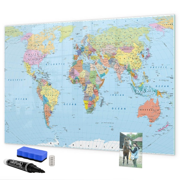Memobord van glas met print inclusief neodymium magneten Wereldkaart met persoonlijke foto's