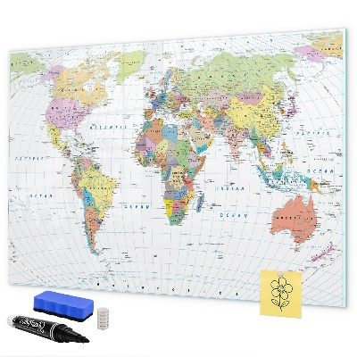 Decoratief glazen wandbord beschrijfbaar en magnetisch Wereldkaart met persoonlijke foto's