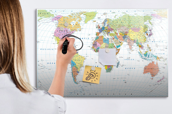 Decoratief glazen wandbord beschrijfbaar en magnetisch Wereldkaart met persoonlijke foto's