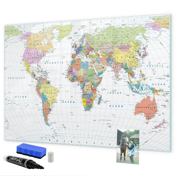Decoratief glazen wandbord beschrijfbaar en magnetisch Wereldkaart met persoonlijke foto's