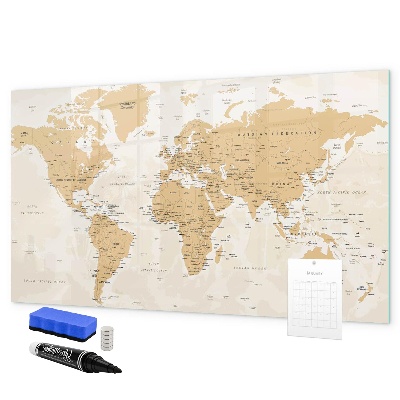 Memobord van glas met print inclusief neodymium magneten Reiskaart met plaatsen om te markeren
