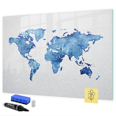 Decoratief glazen wandbord beschrijfbaar en magnetisch Een wereldkaart met persoonlijke herinneringen.
