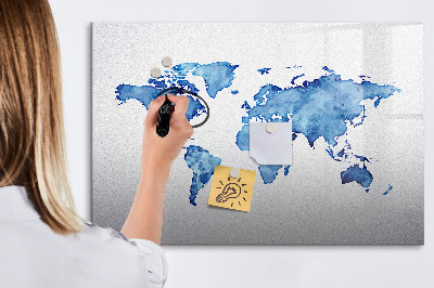 Decoratief glazen wandbord beschrijfbaar en magnetisch Een wereldkaart met persoonlijke herinneringen.