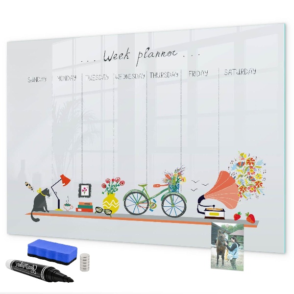 Memobord van glas met print inclusief neodymium magneten Weekplanner met foto's en notities