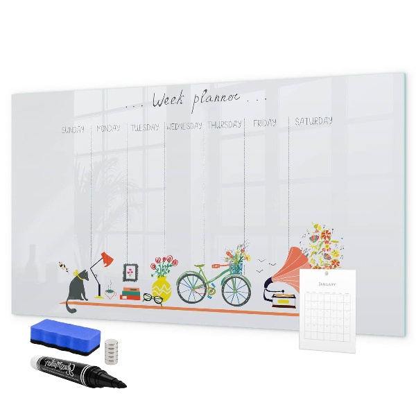 Memobord van glas met print inclusief neodymium magneten Weekplanner met foto's en notities