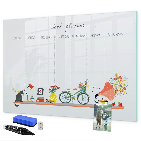 Memobord van glas met print inclusief neodymium magneten Weekplanner met foto's en notities