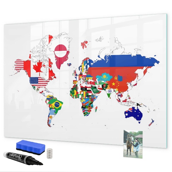 Memobord van glas met print inclusief neodymium magneten Wereldkaart met fotolocaties