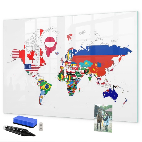 Memobord van glas met print inclusief neodymium magneten Wereldkaart met fotolocaties