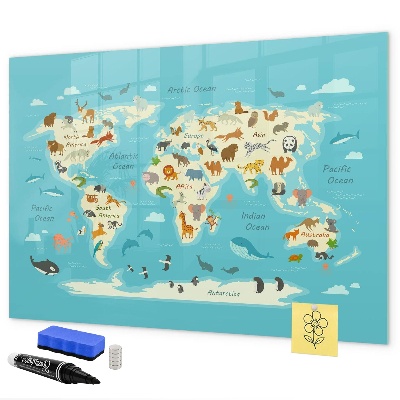 Memobord van glas met print inclusief neodymium magneten Wereldkaart met illustraties en foto's