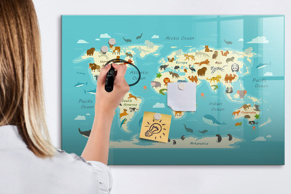Memobord van glas met print inclusief neodymium magneten Wereldkaart met illustraties en foto's