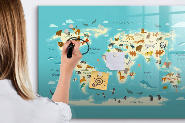 Memobord van glas met print inclusief neodymium magneten Wereldkaart met illustraties en foto's