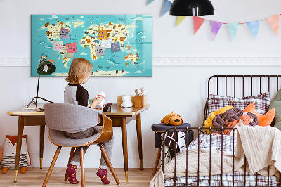 Memobord van glas met print inclusief neodymium magneten Wereldkaart met illustraties en foto's