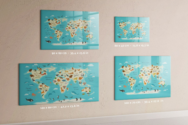 Memobord van glas met print inclusief neodymium magneten Wereldkaart met illustraties en foto's