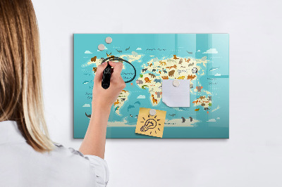 Memobord van glas met print inclusief neodymium magneten Wereldkaart met illustraties en foto's