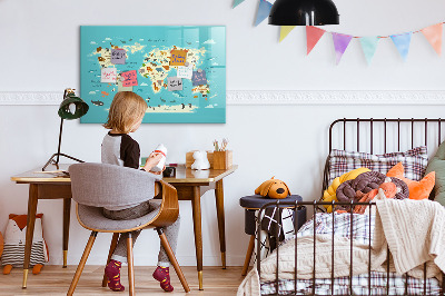 Memobord van glas met print inclusief neodymium magneten Wereldkaart met illustraties en foto's