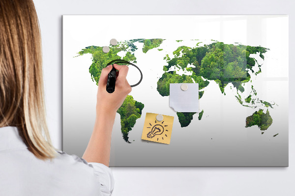 Decoratief glazen wandbord beschrijfbaar en magnetisch Groene wereldkaart met foto's