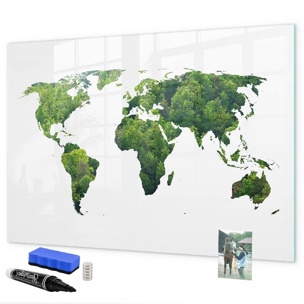 Decoratief glazen wandbord beschrijfbaar en magnetisch Groene wereldkaart met foto's