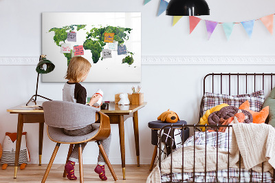 Decoratief glazen wandbord beschrijfbaar en magnetisch Groene wereldkaart met foto's