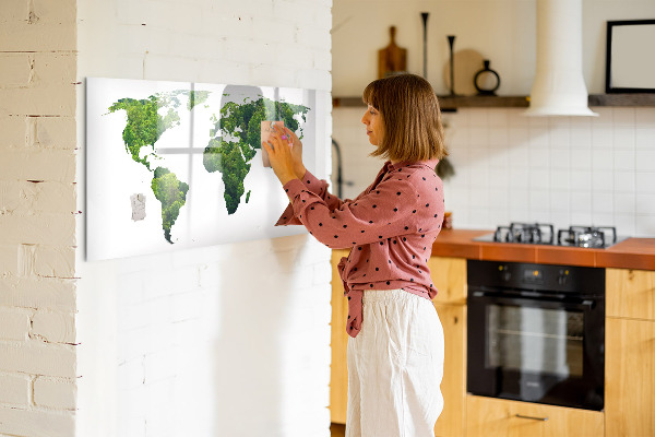 Decoratief glazen wandbord beschrijfbaar en magnetisch Groene wereldkaart met foto's