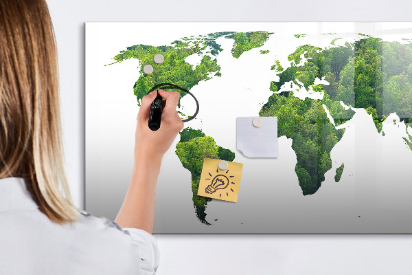 Decoratief glazen wandbord beschrijfbaar en magnetisch Groene wereldkaart met foto's