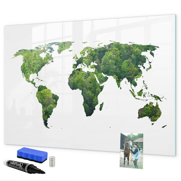 Decoratief glazen wandbord beschrijfbaar en magnetisch Groene wereldkaart met foto's