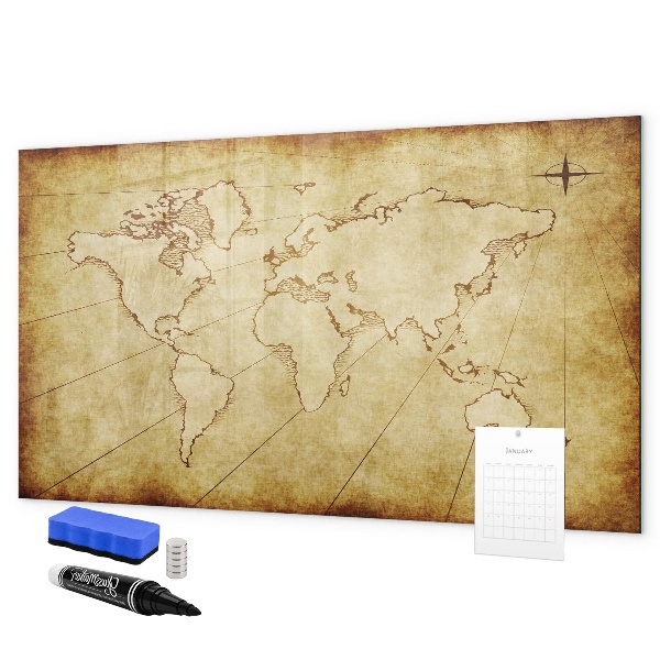 Decoratief glazen wandbord beschrijfbaar en magnetisch Een wereldkaart met persoonlijke herinneringen.
