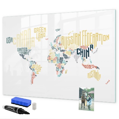 Memobord van glas met print inclusief neodymium magneten Een wereldkaart met persoonlijke herinneringen.