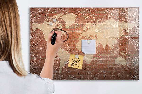 Decoratief glazen wandbord beschrijfbaar en magnetisch Wereldkaart met fotolocaties