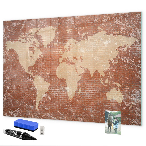 Decoratief glazen wandbord beschrijfbaar en magnetisch Wereldkaart met fotolocaties