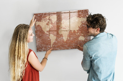 Decoratief glazen wandbord beschrijfbaar en magnetisch Wereldkaart met fotolocaties