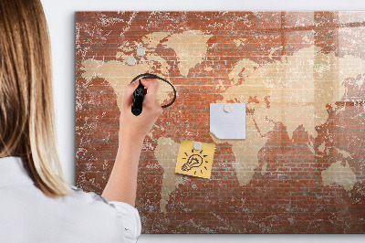 Decoratief glazen wandbord beschrijfbaar en magnetisch Wereldkaart met fotolocaties